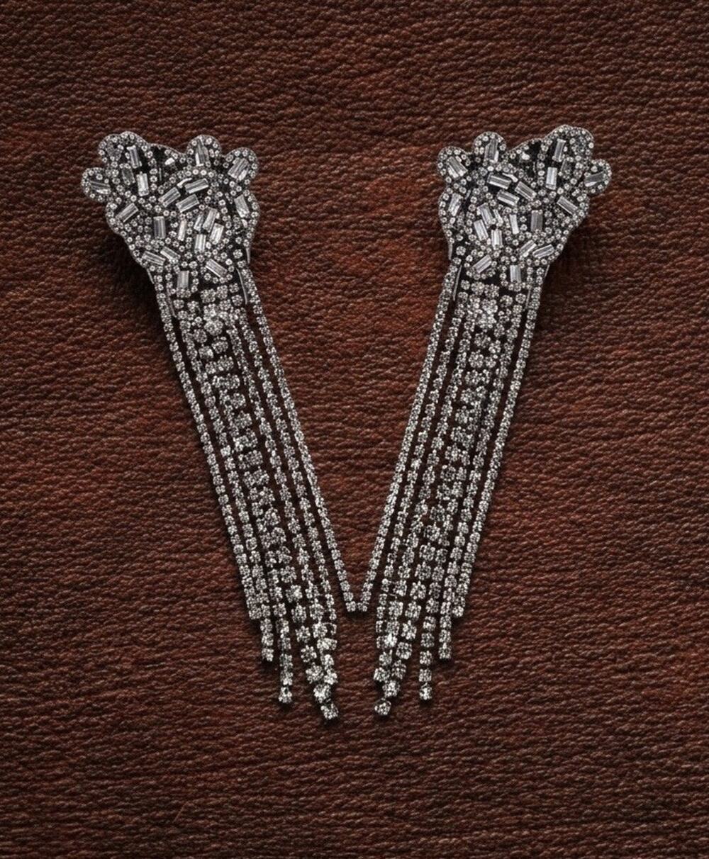 Zara Art Deco Silver Earring Chain CZ Fringe Stud Court Court VTG Tassel Wedding